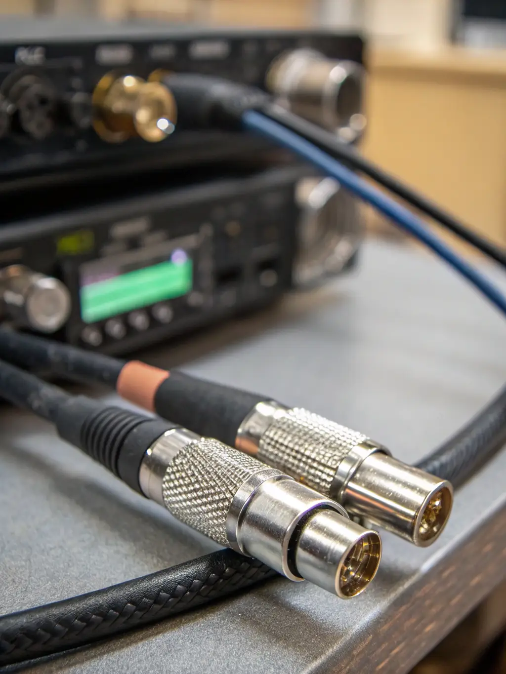 A photo demonstrating the external microphone support feature of the RadioVault, with a microphone cable plugged into the radio inside the enclosure.